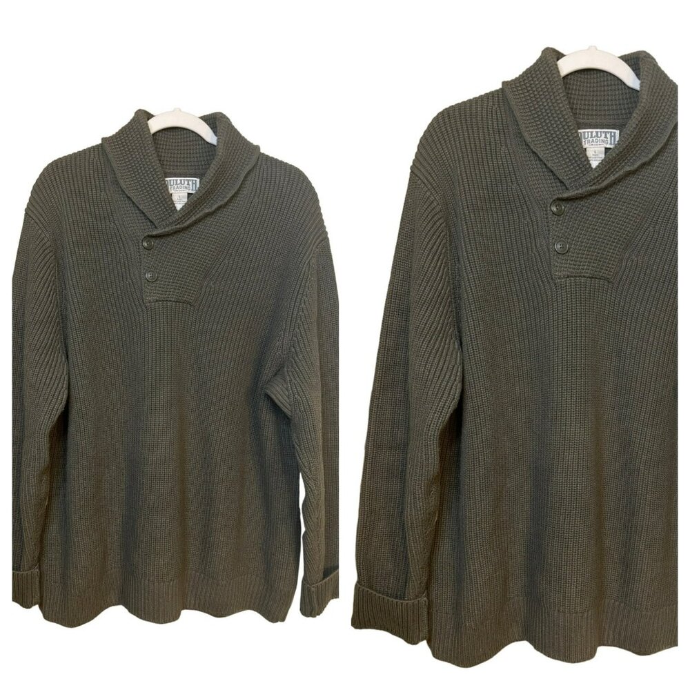 DULUTH TRADING CO Men's Olive Green Wool Blend Heavy Knit Sweater Elbow SZ Large